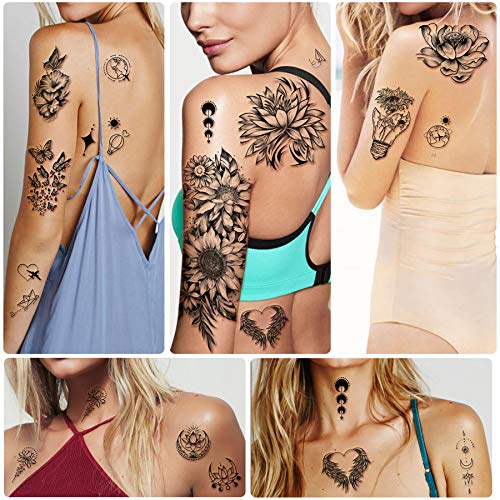 40 Hojas de Tatuajes Temporales a Prueba de Agua Flores Rosa Búfermente Falso Tatuaje estilo mixto arte corporal duradero tatuaje pegatinas para mujeres o niñas