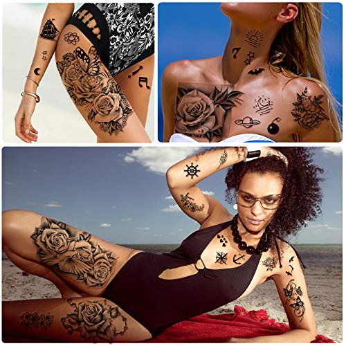 40 Hojas de Tatuajes Temporales a Prueba de Agua Flores Rosa Búfermente Falso Tatuaje estilo mixto arte corporal duradero tatuaje pegatinas para mujeres o niñas