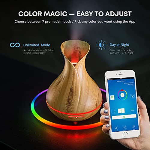 400ml Difusor de Aceites Esenciales Smart Wifi, Funciona con Alexa y Google Home, Aplicación de Teléfono y Control por Voz, Crear Horarios, LED de 7 Colores, Configuración del Temporizador,Wood grain