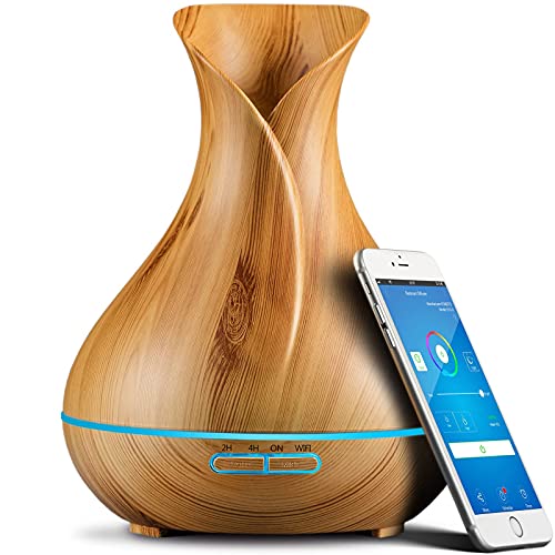 400ml Difusor de Aceites Esenciales Smart Wifi, Funciona con Alexa y Google Home, Aplicación de Teléfono y Control por Voz, Crear Horarios, LED de 7 Colores, Configuración del Temporizador,Wood grain