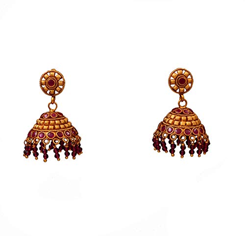 55Carat Pendientes colgantes antiguos de perlas chapados en oro ricos tradicionales hechos a mano Bali Jhumki para niñas y mujeres, Gema, Cristal rojo,