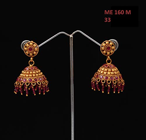 55Carat Pendientes colgantes antiguos de perlas chapados en oro ricos tradicionales hechos a mano Bali Jhumki para niñas y mujeres, Gema, Cristal rojo,