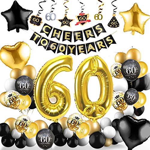 60 Cumpleaños Decoraciones 60 Años de Globos de Cumpleaños de Oro Negro Globos de Papel de Confeti de Látex Impresos 60 Globos de Cumpleaños para Adultos Hombres Mujeres