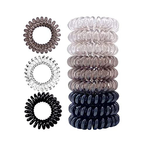 9 Piezas Gomas del pelo Elásticas, Cintas para el cabello en espiral cable de teléfono, bandas para el pelo, resistentes al agua, Soporte para coletas para mujeres y niñas,Negro y Transparente y Gris