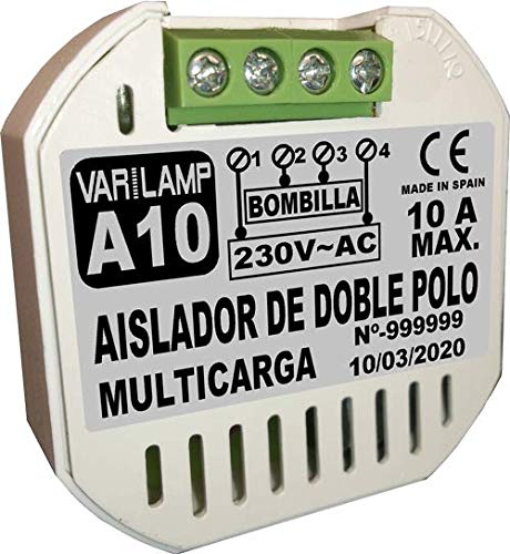 A10. Aislador de doble polo que evita por completo encendidos residuales en LED o cualquier lámpara. 230VAC. 2000W Máx.