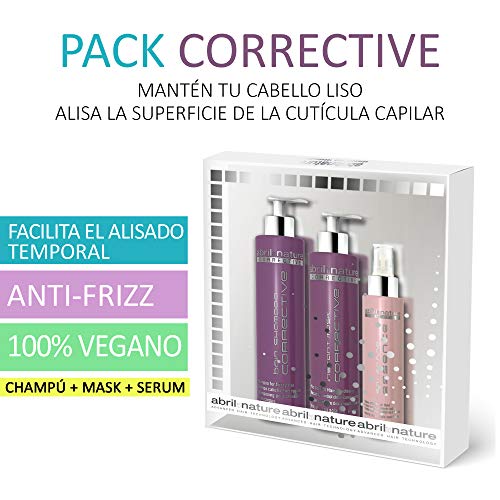 abril et nature - Pack Regalo Tratamiento Profesional CORRECTIVE Pelo Encrespado Anti Frizz - Incluye Mascarilla Capilar, Sérum Pelo y Champú Alisador - Hidratante Antiencrespamiento - 100% Vegano