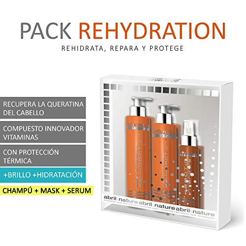 abril et nature - Pack Regalo Tratamiento Profesional para Cabello Seco REHYDRATION - Incluye Mascarilla Pelo, Sérum Pelo y Champú Hidratante - Tratamiento Hidratante Cabello Peluquería