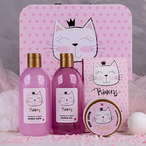 Accentra Set De Baño Y Ducha Princess Kitty Para Mujeres Y Niñas, Con Dulce Aroma A Fresa Y Vainilla, 7 Piezas En Estuche De Papel, Rosa