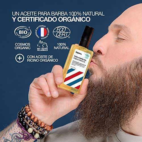 Aceite Barba Orgánico Hombre 50ml Sapiens Barber Shop - Certificado ECOCERT 100% Natural - Enriquecido con Aceite de Ricino y Vitamina E - Hidrata y Favorece el Crecimiento - Fabricado en Francia