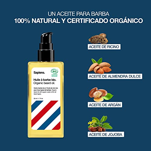 Aceite Barba Orgánico Hombre 50ml Sapiens Barber Shop - Certificado ECOCERT 100% Natural - Enriquecido con Aceite de Ricino y Vitamina E - Hidrata y Favorece el Crecimiento - Fabricado en Francia