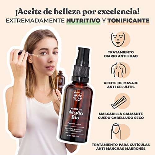 ACEITE DE ARGÁN ORGÁNICO | 100% Puro, Natural y Prensado en Frío | Rostro, Cuerpo, Cabello, Barba, Uñas | Vegano y Cruelty Free | Botella de Vidrio + Pipeta + Bomba (50ml)