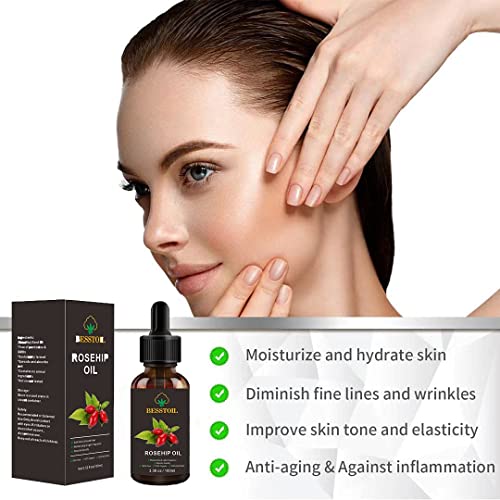 Aceite de semilla de rosa mosqueta orgánico para la cara, 100% puro natural prensado en frío sin refinar no portador de OMG aceite facial hidratante antienvejecimiento para piel,cabello y uñas(100 ml)