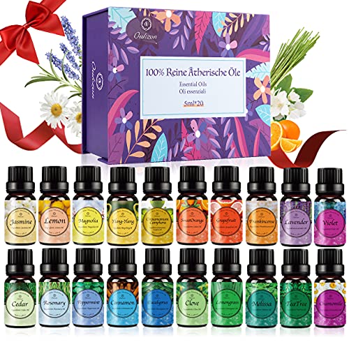 Aceites Esenciales para Humidificador, OUKZON 20x5ml 100% Natural Puro Set de Regalo de Aceite Perfumado para Difusor Aroma, Aromaterapia, SPA, Masaje - Lavanda, Ylang Ylang, Limón, Menta, etc