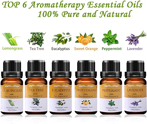 Aceites Esenciales para Humidificador, TOP 6 x10ml Aceites Esenciales Aromaterapia Naturales Puros para Difusor (Lavanda, Naranja Dulce, Menta, Arból de Té, Limoncillo, Eucalipto)