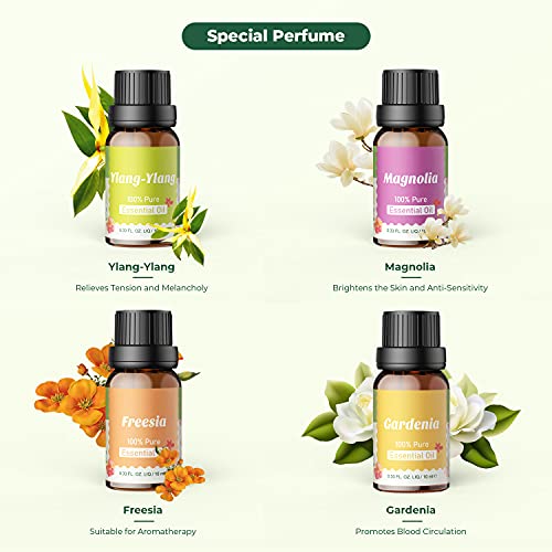 Aceites Essenciales Florales 100% Naturales,Top 8 Set de Aceites Esenciales Puros,Aromático para Humidificador Diffusor|Ylang-ylang,Magnolia,Freesia,Gardenia,Árbol deTé,Eucalipto,Lavanda,Naranja Dulce