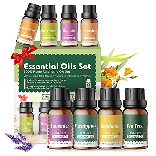 Aceites Essenciales Florales 100% Naturales,Top 8 Set de Aceites Esenciales Puros,Aromático para Humidificador Diffusor|Ylang-ylang,Magnolia,Freesia,Gardenia,Árbol deTé,Eucalipto,Lavanda,Naranja Dulce