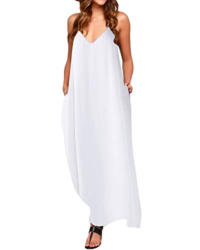 ACHIOOWA Mujer Vestido Elegante Playa Casual Dress Cuello V Sin Manga Túnica Sin Hombros Escote Punto Bolsillo Caftán Oversize Falda Larga Blanco L