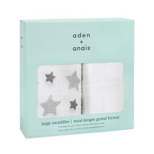 aden + anais 100% cotton Muslin Swaddle & Receiving Blankets for Baby Girls & Boys, 120x120cm, Ideal Newborn & Infant Swaddling Wrap Set, Perfect Shower Gifts, 2 Pack, twinkle