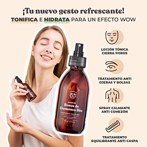 AGUA DE ROSAS ORGÁNICA | Tónico de Agua de Rosas de Damasco 100% Puro y Natural | Cara, Contorno de Ojos, Cuerpo, Cabello | Botella de Vidrio + Spray (200 ml)