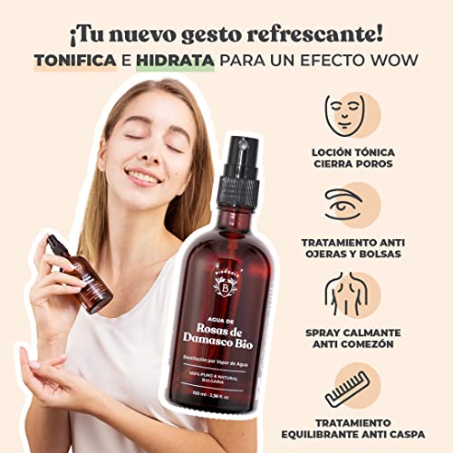 AGUA DE ROSAS ORGÁNICA | Tónico de Agua de Rosas de Damasco 100% Puro y Natural | Cara, Contorno de Ojos, Cuerpo, Cabello | Botella de Vidrio + Spray (100 ml)