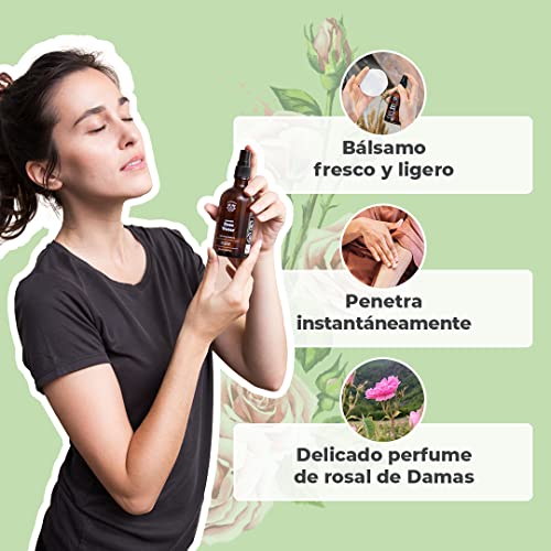 AGUA DE ROSAS ORGÁNICA | Tónico de Agua de Rosas de Damasco 100% Puro y Natural | Cara, Contorno de Ojos, Cuerpo, Cabello | Botella de Vidrio + Spray (100 ml)