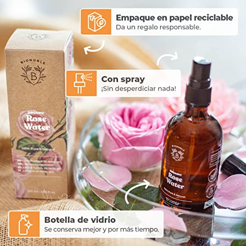 AGUA DE ROSAS ORGÁNICA | Tónico de Agua de Rosas de Damasco 100% Puro y Natural | Cara, Contorno de Ojos, Cuerpo, Cabello | Botella de Vidrio + Spray (100 ml)