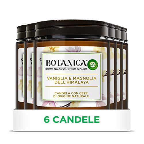 Airwick Botanica - Velas perfumadas con cera de origen natural, paquete de 6 velas, aroma de vainilla y magnolia del Himalaya, fragancia natural, 205 g