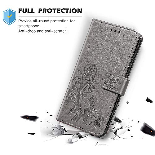 ALAMO Funda de Trébol para el Samsung Galaxy A12 / A12 Nacho / M12, Prima Carcasa de PU Piel con Ranuras para Tarjetas - Gris