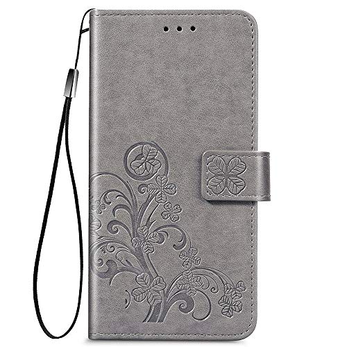 ALAMO Funda de Trébol para el Samsung Galaxy A12 / A12 Nacho / M12, Prima Carcasa de PU Piel con Ranuras para Tarjetas - Gris