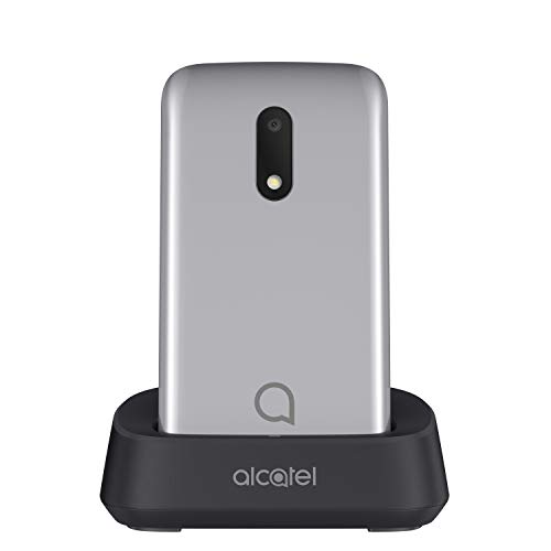 Alcatel 3026 - Teléfono móvil de fácil uso con tapa y base para cargar, botón SOS, Cámara 2MP con flash, teclas grandes, Plateado [Versión ES/PT]