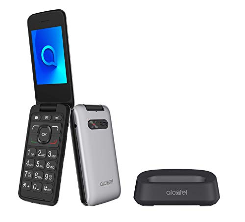 Alcatel 3026 - Teléfono móvil de fácil uso con tapa y base para cargar, botón SOS, Cámara 2MP con flash, teclas grandes, Plateado [Versión ES/PT]