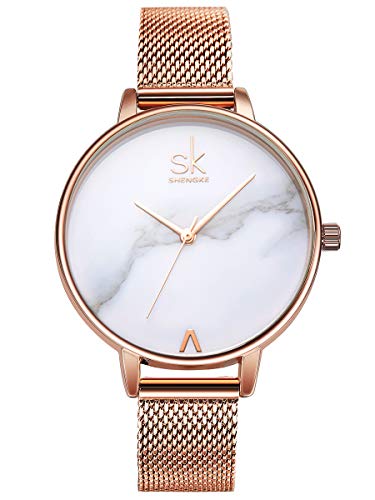 Alienwork Reloj Mujer Oro Rosa Banda de Malla Metálica Blanco Ultra-Delgada Elegante