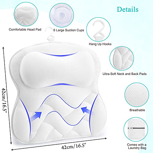 Almohada de baño antideslizante para bañera con tecnología de malla de aire 5D y 6 ventosas que admiten el cuello de la cabeza, se adapta a todas las bañeras, viene con bolsa de lavandería