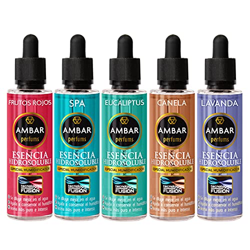 Ambar Perfums Esencias Hidrosolubles, bienestar natural. Tecnología Fusión para Humidificador. Tamaño XL, Pack 5 uds de 50 ml