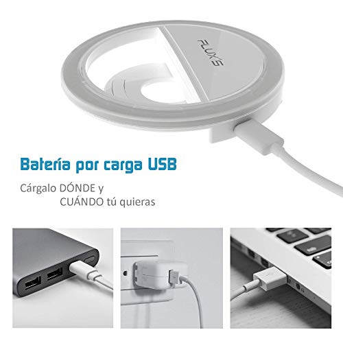 Anillo de Luz Selfie LED Mini Flux’S, Recargable por USB, con Pinza de Sujeción, para Móvil, Tablet o Portátil, para Selfies, Youtube, TIK Tok, Instagram, Directos, Videollamadas, Maquillaje