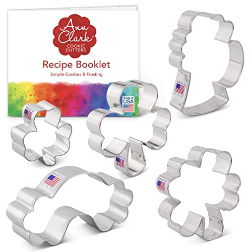 Ann Clark Cookie Cutters Juego de 5 cortadores de galletas Día de San Patricio con libro de recetas, trébol, trébol pequeño, trébol de cuatro hojas, jarra de cerveza y arco iris