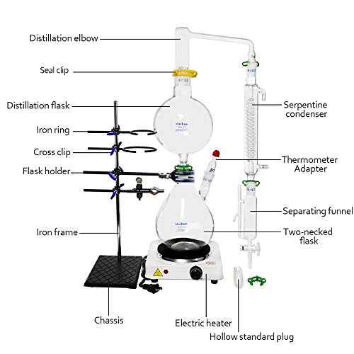 Aparato de destilación de aceites esenciales de 2000 ml Kits de cristalería de laboratorio Kits de purificador de destilador de agua de vapor con embudo de separación de estufa caliente (2000ml)