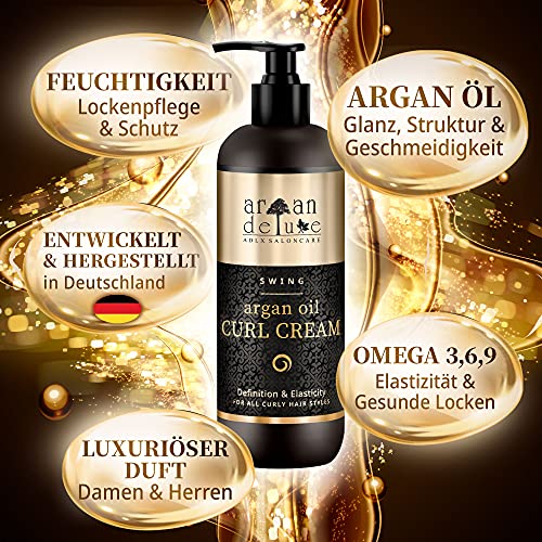 Argan Deluxe Crema de aceite de argán definidora de rizos con acabado de peluquería 300 ml - MÁS CONTENIDO - Altamente hidratante, para un cuidado intensivo del cabello, brillo, volumen y elasticidad