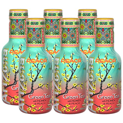 Arizona Green Tea Con miel y melocotón - Botella de 500 ml - Paquete de 6 | 100% natural | 100% placer refrescante | Jugo de melocotón real y miel premium