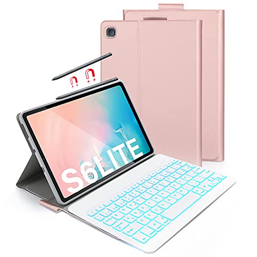 ASHU Funda con Teclado Español Ñ para Samsung Galaxy Tab S6 Lite 10.4" 2020, Teclado Bluetooth Desmontable, 7 Colores Retroiluminado, Funda para Samsung SM-P610/P615, Rosa