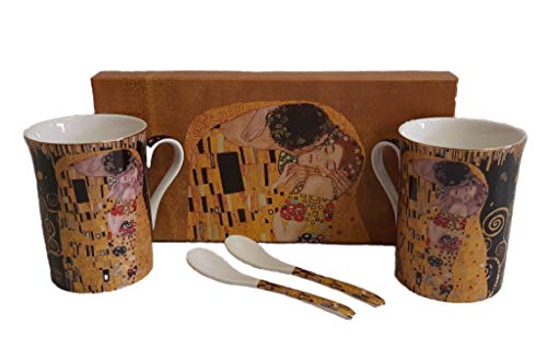 Atelier Harmony Gustav Klimt - Juego de tazas de té y café (4 piezas, 2 tazas y 2 cucharas, porcelana, con caja de regalo), diseño de árbol de la vida