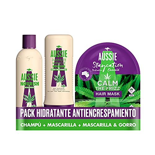 Aussie 3 Minute Miracle Tratamiento Intensivo para pelo + Champú Nutritivo + Mascarilla y Gorro para el cabello encrespado con extractos de Semilla de Cáñamo de Australia