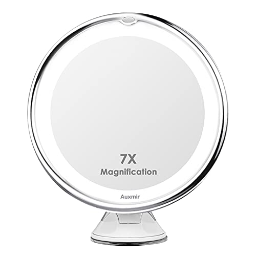 Auxmir Espejo Maquillaje con Luz LED 7X de Aumento Espejo Cosmético Luminoso con Ventosa Fuerte, Espejo de Mesa y para Pared, 360° de Rotación, Blanco