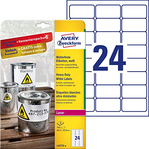 Avery España L4773-8 -Etiquetas blancas resistentes al agua, imprimibles 63,5x33,9mm, caja de 192 etiquetas