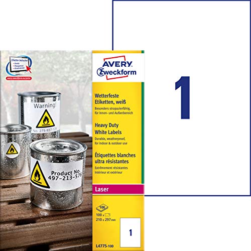 Avery España L4775-100- Etiquetas blancas resistentes al agua, imprimibles-210x297mm, caja de 100 etiquetas