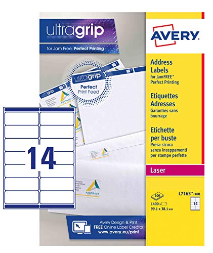 Avery España L7163-100 - Pack de 100 folios de etiquetas para correspondencia y envío, 99.1 x 38.1 mm, color blanco