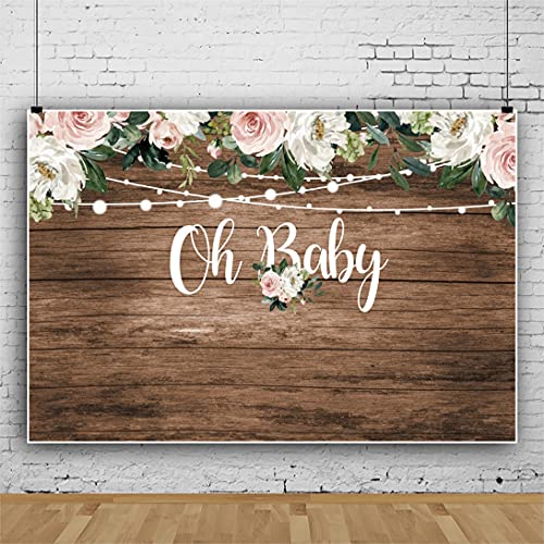 AWERT 2,2x1,5m Oh Baby Backdrop Baby Shower rústico Madera Acuarela Fondo Floral para niños recién Nacidos 1er cumpleaños Fiesta Decoraciones Cake Smash Pictures Studio Photography Props Banners