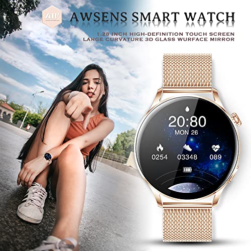 AWSENS Smartwatch Mujer, Reloj Inteligente Deportivo 1.28 Pulgadas, con Pulsómetro, Recibir y contestar Llamadas, Monitor de Sueño, Control de Musica, para Android iOS （Oro Rosa）