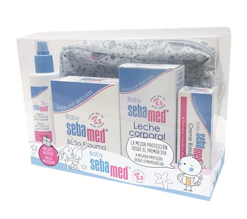 Baby Sebamed canastilla regalo bebé recién nacido - Pack productos Espuma de Baño 200ml, Colonia sin alcohol 250ml, Leche Corporal 200ml, Crema Balsámica 50ml – Neceser de regalo