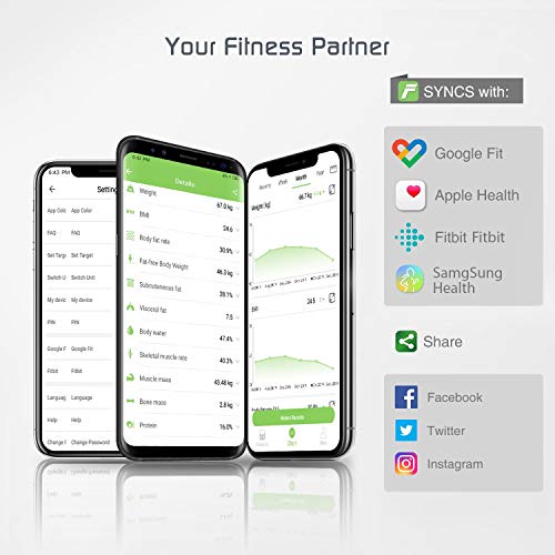 Báscula Grasa Corporal Báscula de Baño Wireless Báscula Baño Digital Analizar Más de 13 Funciones, Monitores de Composición Corporal Máximo 180kg para Andriod y iOS (Negro)
